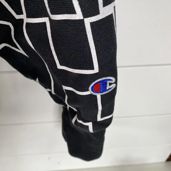 Champion Reverse Weave Hoodie Mens Medium Black All Over Pullover Sweatshirt - Picture 6 of 12